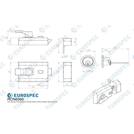 This image is a line drwaing of a Eurospec - Deadlocking Rim Cylinder Nightlatch 60mm - Satin Chrome available to order from Trade Door Handles in Kendal