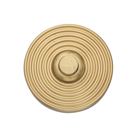 This is an image of a Heritage Brass - Reeded Bell Push Satin Brass finish, rr1186-sb that is available to order from Trade Door Handles in Kendal.