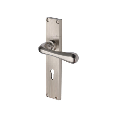 This is an image of a Heritage Brass - Charlbury Reeded Lever Lock Satin Nickel finish, rr3000-sn that is available to order from Trade Door Handles in Kendal.