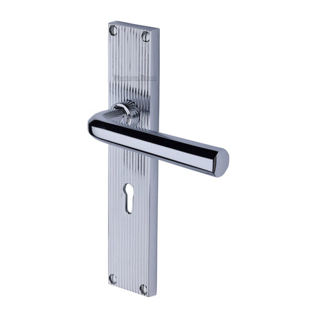 This is an image of a Heritage Brass - Octave Reeded Lever Lock Polished Chrome finish, rr3700-pc that is available to order from Trade Door Handles in Kendal.