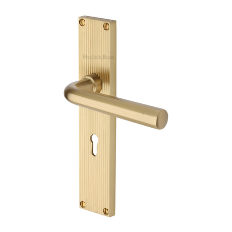 This is an image of a Heritage Brass - Octave Reeded Lever Lock Satin Brass finish, rr3700-sb that is available to order from Trade Door Handles in Kendal.