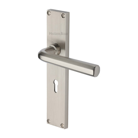 This is an image of a Heritage Brass - Octave Reeded Lever Lock Satin Nickel finish, rr3700-sn that is available to order from Trade Door Handles in Kendal.