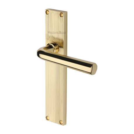 This is an image of a Heritage Brass - Octave Reeded Lever Latch Polished Brass finish, rr3710-pb that is available to order from Trade Door Handles in Kendal.