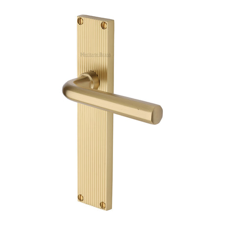 This is an image of a Heritage Brass - Octave Reeded Lever Latch Satin Brass finish, rr3710-sb that is available to order from Trade Door Handles in Kendal.
