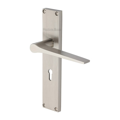 This is an image of a Heritage Brass - Gio Reeded Lever Lock Satin Nickel finish, rr4700-sn that is available to order from Trade Door Handles in Kendal.