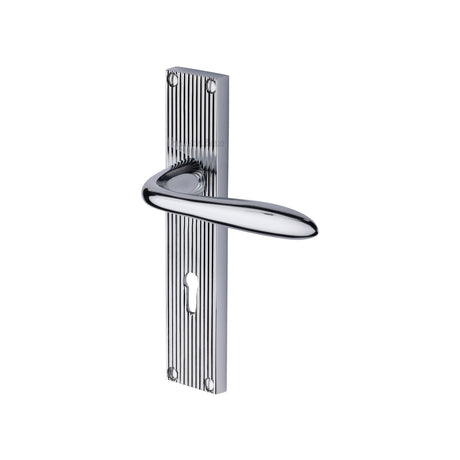 This is an image of a Heritage Brass - Sutton Reeded Lever Lock Polished Chrome finish, rr5000-pc that is available to order from Trade Door Handles in Kendal.