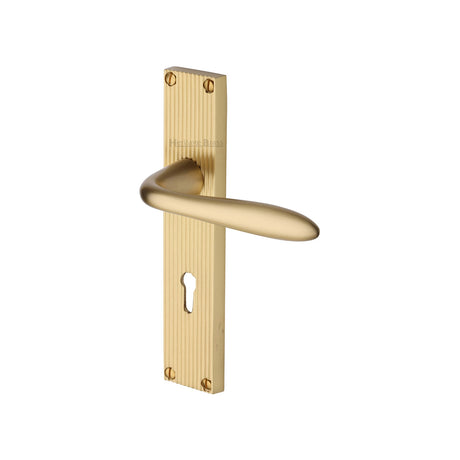 This is an image of a Heritage Brass - Sutton Reeded Lever Lock Satin Brass finish, rr5000-sb that is available to order from Trade Door Handles in Kendal.