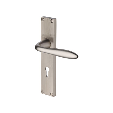 This is an image of a Heritage Brass - Sutton Reeded Lever Lock Satin Nickel finish, rr5000-sn that is available to order from Trade Door Handles in Kendal.