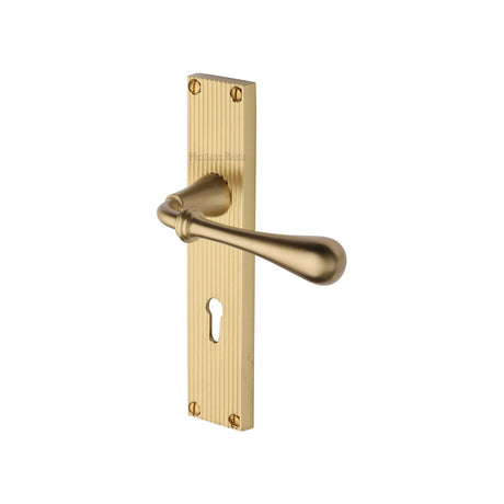 This is an image of a Heritage Brass - Roma Reeded Lever Lock Satin Brass finish, rr6000-sb that is available to order from Trade Door Handles in Kendal.