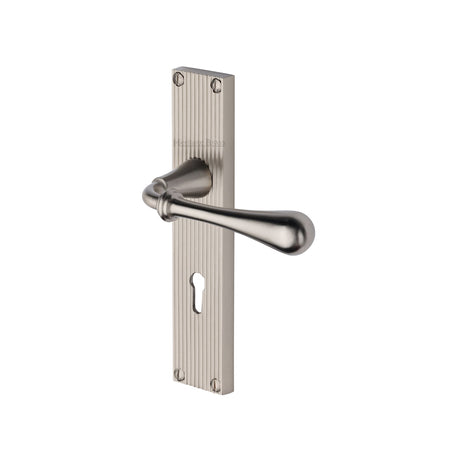 This is an image of a Heritage Brass - Roma Reeded Lever Lock Satin Nickel finish, rr6000-sn that is available to order from Trade Door Handles in Kendal.