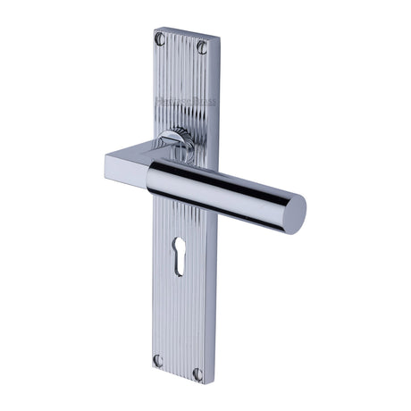This is an image of a Heritage Brass - Bauhaus Reeded Lever Lock Polished Chrome finish, rr7300-pc that is available to order from Trade Door Handles in Kendal.
