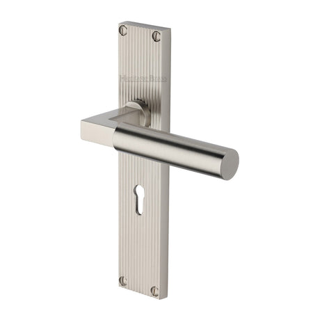 This is an image of a Heritage Brass - Bauhaus Reeded Lever Lock Satin Nickel finish, rr7300-sn that is available to order from Trade Door Handles in Kendal.
