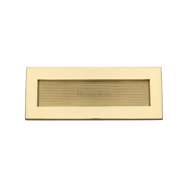 This is an image of a Heritage Brass - Reeded Letterplate 10" x 4" Polished Brass finish, rr852-254-101-pb that is available to order from Trade Door Handles in Kendal.
