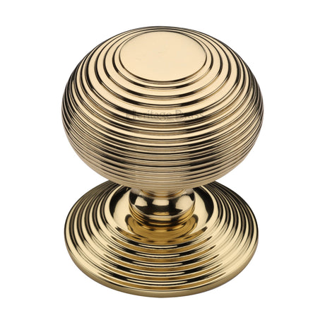 This is an image of a Heritage Brass - Centre Door Knob Reeded Design 3 1/2 Polished Brass Finish, rr906-pb that is available to order from Trade Door Handles in Kendal.