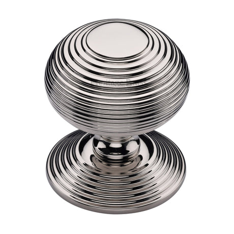 This is an image of a Heritage Brass - Centre Door Knob Reeded Design 3 1/2 Polished Nickel Finish, rr906-pnf that is available to order from Trade Door Handles in Kendal.