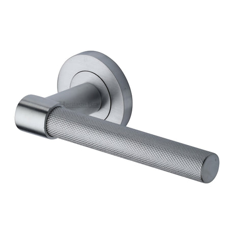This is an image of a Heritage Brass - Door Handle Lever on Rose Phoenix Knurled Design Satin Chrome Finish, rs2018-sc that is available to order from Trade Door Handles in Kendal.