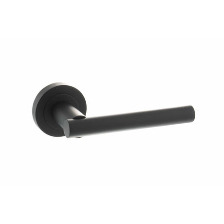 This is an image of STATUS Nebraska Lever on Round Rose - Matt Black available to order from Trade Door Handles.
