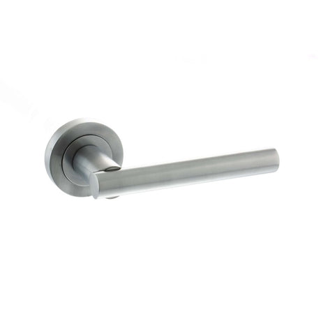 This is an image of STATUS Nebraska Lever on Round Rose - Satin Chrome available to order from Trade Door Handles.
