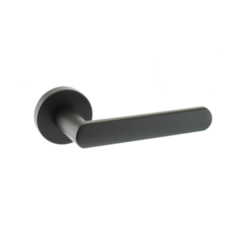 This is an image of STATUS Michigan Lever on Round Rose - Matt Black available to order from Trade Door Handles.