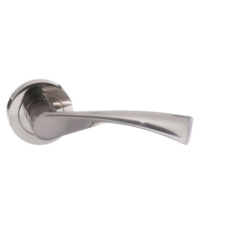 This is an image of STATUS Colorado Lever on Round Rose - Satin Nickel available to order from Trade Door Handles.