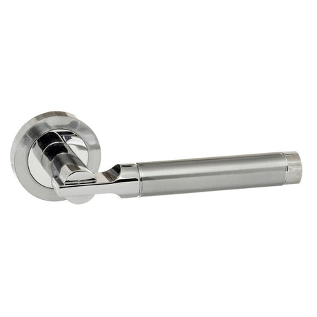 This is an image of STATUS Dakota Lever on Round Rose - Satin Chrome/Polished Chrome available to order from Trade Door Handles.