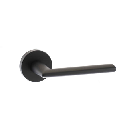 This is an image of STATUS Georgia Lever on Round Rose - Matt Black available to order from Trade Door Handles.