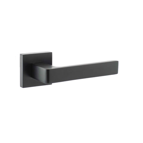 This is an image of STATUS Montana Designer Lever on S4 Square Rose - Matt Black available to order from Trade Door Handles.