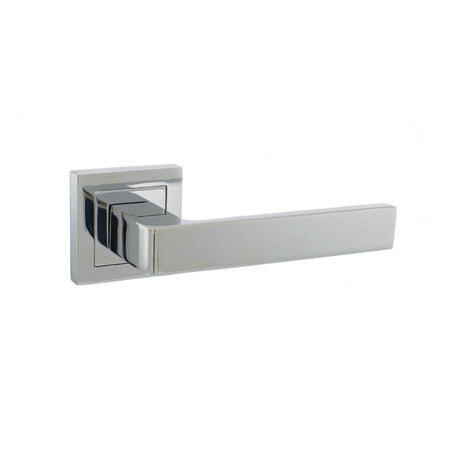 This is an image of STATUS Montana Designer Lever on S4 Square Rose - Polished Chrome available to order from Trade Door Handles.