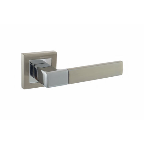 This is an image of STATUS Montana Designer Lever on S4 Square Rose - Satin Nickel/Polished Chrome available to order from Trade Door Handles.