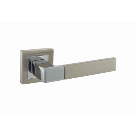 This is an image of STATUS Montana Designer Lever on S4 Square Rose - Satin Nickel/Polished Chrome available to order from Trade Door Handles.