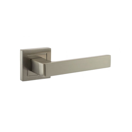 This is an image of STATUS Montana Designer Lever on S4 Square Rose - Satin Nickel available to order from Trade Door Handles.