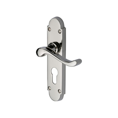 This is an image of a Heritage Brass - Door Handle for Euro Profile Plate Savoy Design Polished Nickel Fin, s607-48-pnf that is available to order from Trade Door Handles in Kendal.