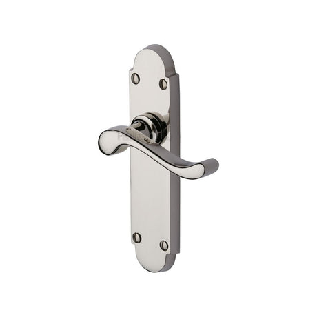This is an image of a Heritage Brass - Door Handle Lever Latch Savoy Design Polished Nickel Finish, s610-pnf that is available to order from Trade Door Handles in Kendal.