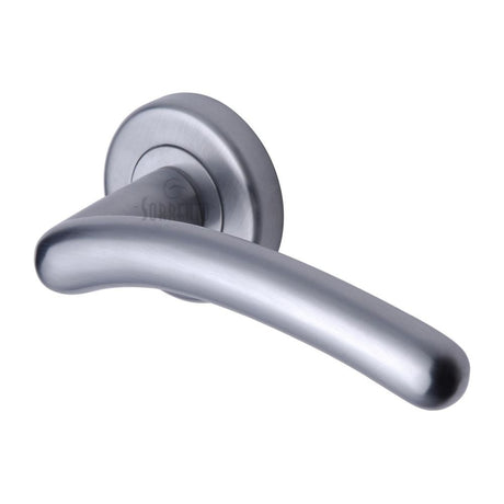 This is an image of a Sorrento - Door Handle Lever Latch on Round Rose Ico Design Satin Chrome Finish, sc-2012-sc that is available to order from Trade Door Handles in Kendal.