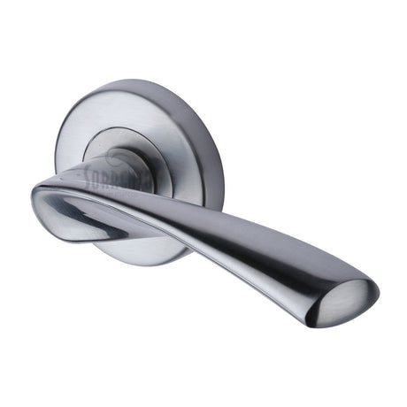 This is an image of a Sorrento - Door Handle Lever Latch on Round Rose Treviso Design Satin Chrome Fini, sc-2042-sc that is available to order from Trade Door Handles in Kendal.