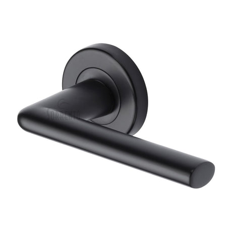 This is an image of a Sorrento - Door Handle Lever Latch on Round Rose Lena Design Matt Black Finish, sc-2352-blk that is available to order from Trade Door Handles in Kendal.