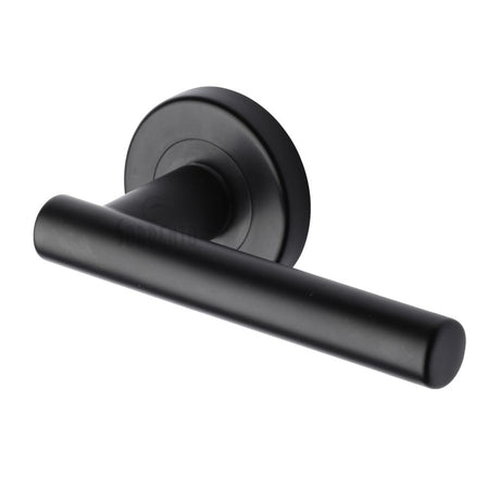 This is an image of a Sorrento - Door Handle Lever Latch on Round Rose Shuttle Design Matt Black Finis, sc-3052-blk that is available to order from Trade Door Handles in Kendal.
