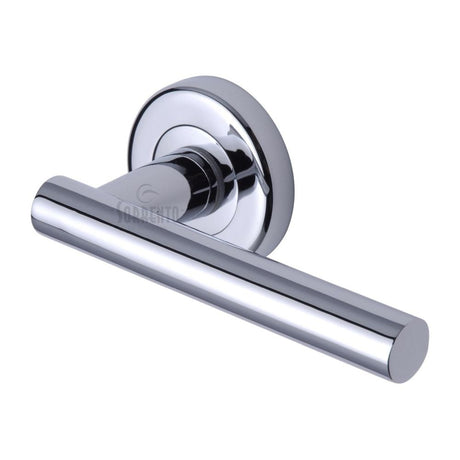This is an image of a Sorrento - Door Handle Lever Latch on Round Rose Shuttle Design Polished Chrome Fini, sc-3052-pc that is available to order from Trade Door Handles in Kendal.