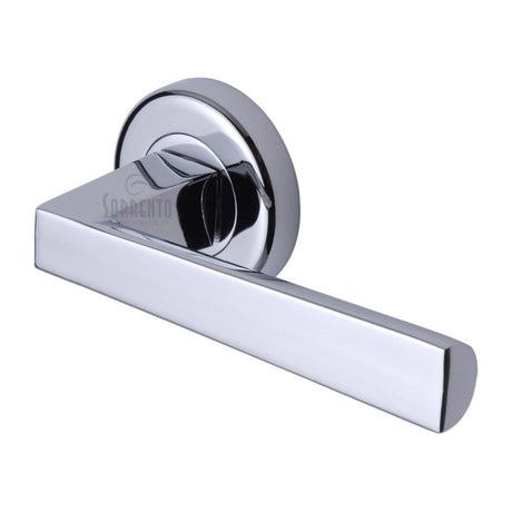 This is an image of a Sorrento - Door Handle Lever Latch on Round Rose Siloh Design Polished Chrome Finish, sc-3392-pc that is available to order from Trade Door Handles in Kendal.