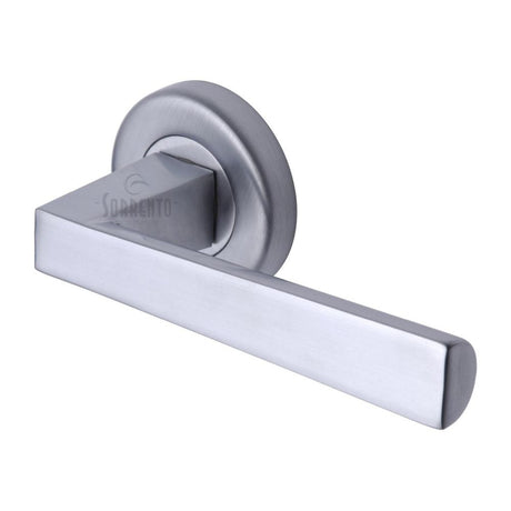 This is an image of a Sorrento - Door Handle Lever Latch on Round Rose Siloh Design Satin Chrome Finish, sc-3392-sc that is available to order from Trade Door Handles in Kendal.