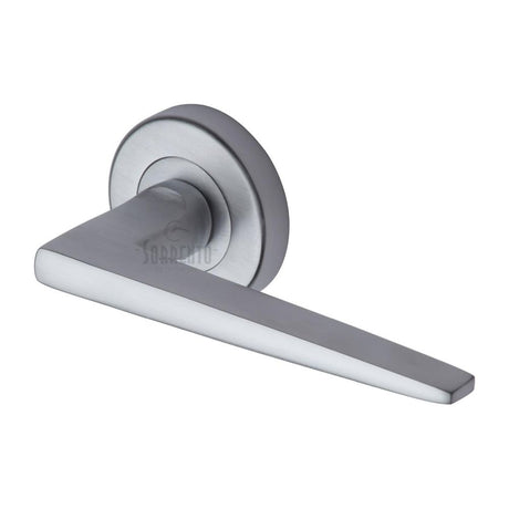 This is an image of a Sorrento - Door Handle Lever Latch on Round Rose Swift Design Satin Chrome Finish, sc-3450-sc that is available to order from Trade Door Handles in Kendal.