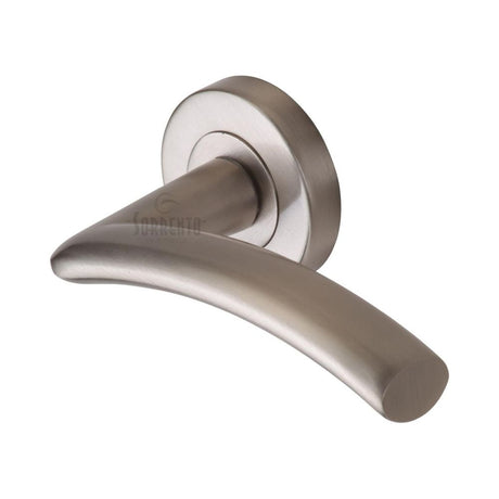 This is an image of a Sorrento - Door Handle Lever Latch on Round Rose Tosca Design Satin Nickel Finish, sc-4352-sn that is available to order from Trade Door Handles in Kendal.
