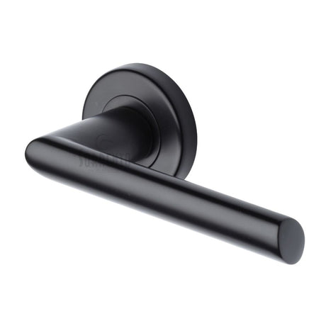 This is an image of a Sorrento - Door Handle Lever Latch on Round Rose Mercury Design Matt Black Finis, sc-4692-blk that is available to order from Trade Door Handles in Kendal.