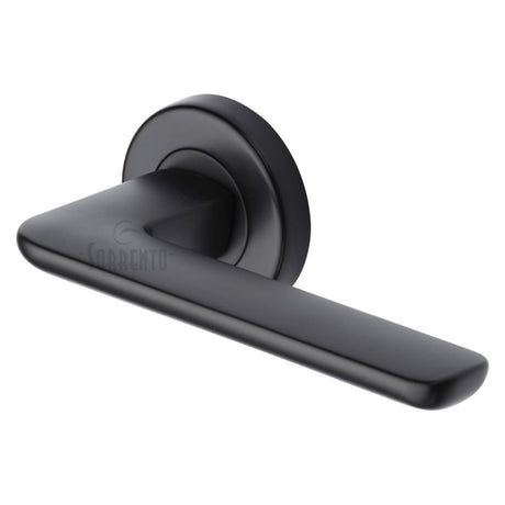 This is an image of a Sorrento - Door Handle Lever Latch on Round Rose Trino Design Matt Black Finish, sc-5352-blk that is available to order from Trade Door Handles in Kendal.