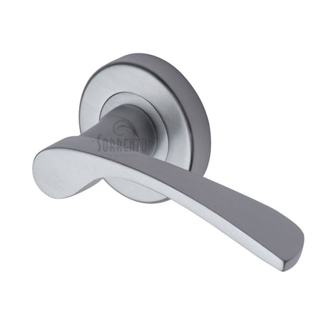 This is an image of a Sorrento - Door Handle Lever Latch on Round Rose Arcadia Design Satin Chrome Fini, sc-5380-sc that is available to order from Trade Door Handles in Kendal.