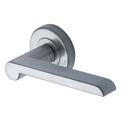 This is an image of a Sorrento - Door Handle Lever Latch on Round Rose Lugano Design Satin Chrome Finis, sc-6220-sc that is available to order from Trade Door Handles in Kendal.