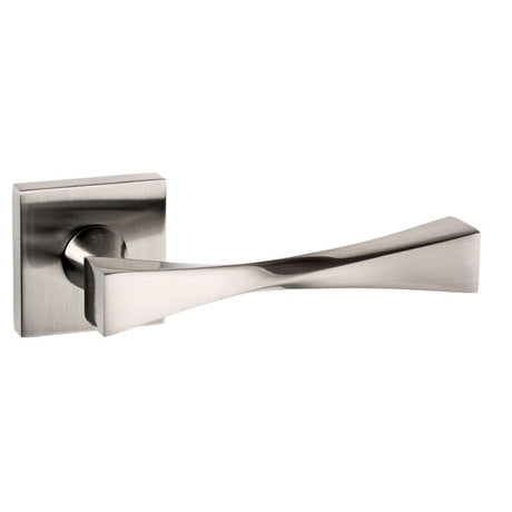 This is an image of Senza Pari Guido Designer Lever on Flush Square Rose - Satin Nickel available to order from Trade Door Handles.