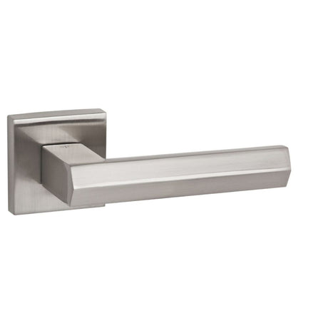 This is an image of Senza Pari Davoli Designer Lever on Flush Square Rose - Satin Nickel available to order from Trade Door Handles.