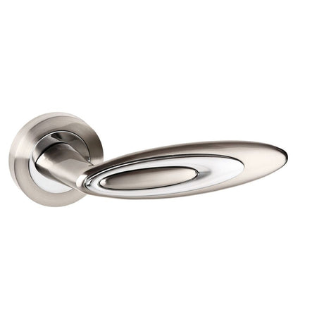 This is an image of Senza Pari Elisse Designer Lever on Round Rose - Satin Nickel/Polished Chrome available to order from Trade Door Handles.