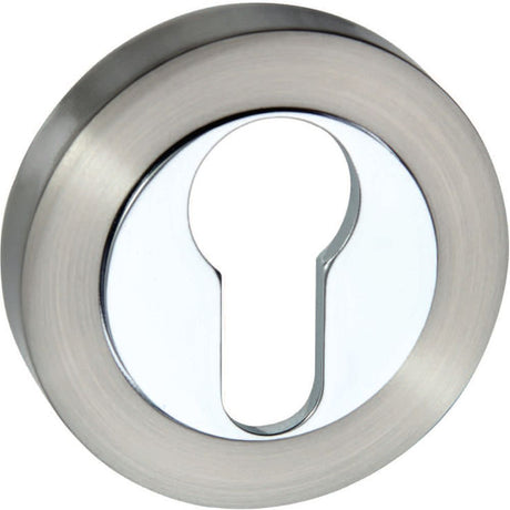 This is an image of Senza Pari Euro Escutcheon on Round Rose - Satin Nickel/Polished Chrome available to order from Trade Door Handles.